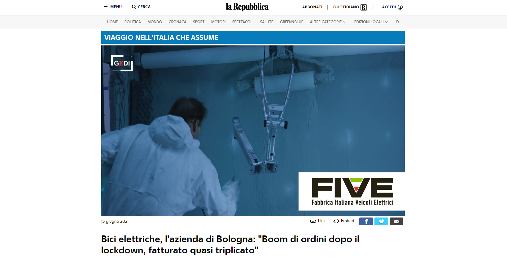 FIVE - Bici elettriche: la video intervista su RepTv